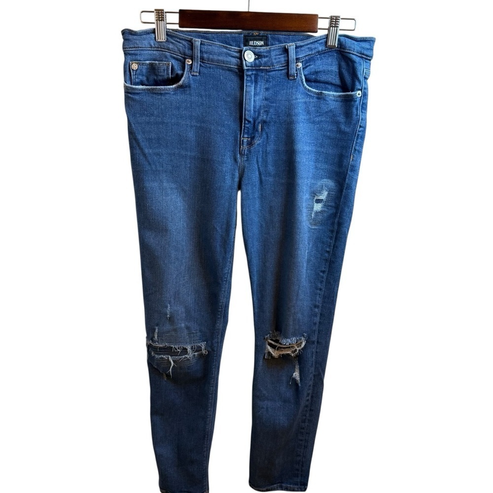 Hudson Tally Mid-Rise Blue Skinny Jeans with Distressed Details
